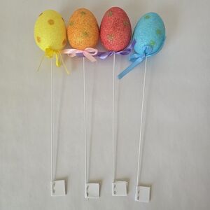 🔴 Set of 4 Glitter Easter Egg Floral Picks - Pastel Polka Dot Decorative Stakes